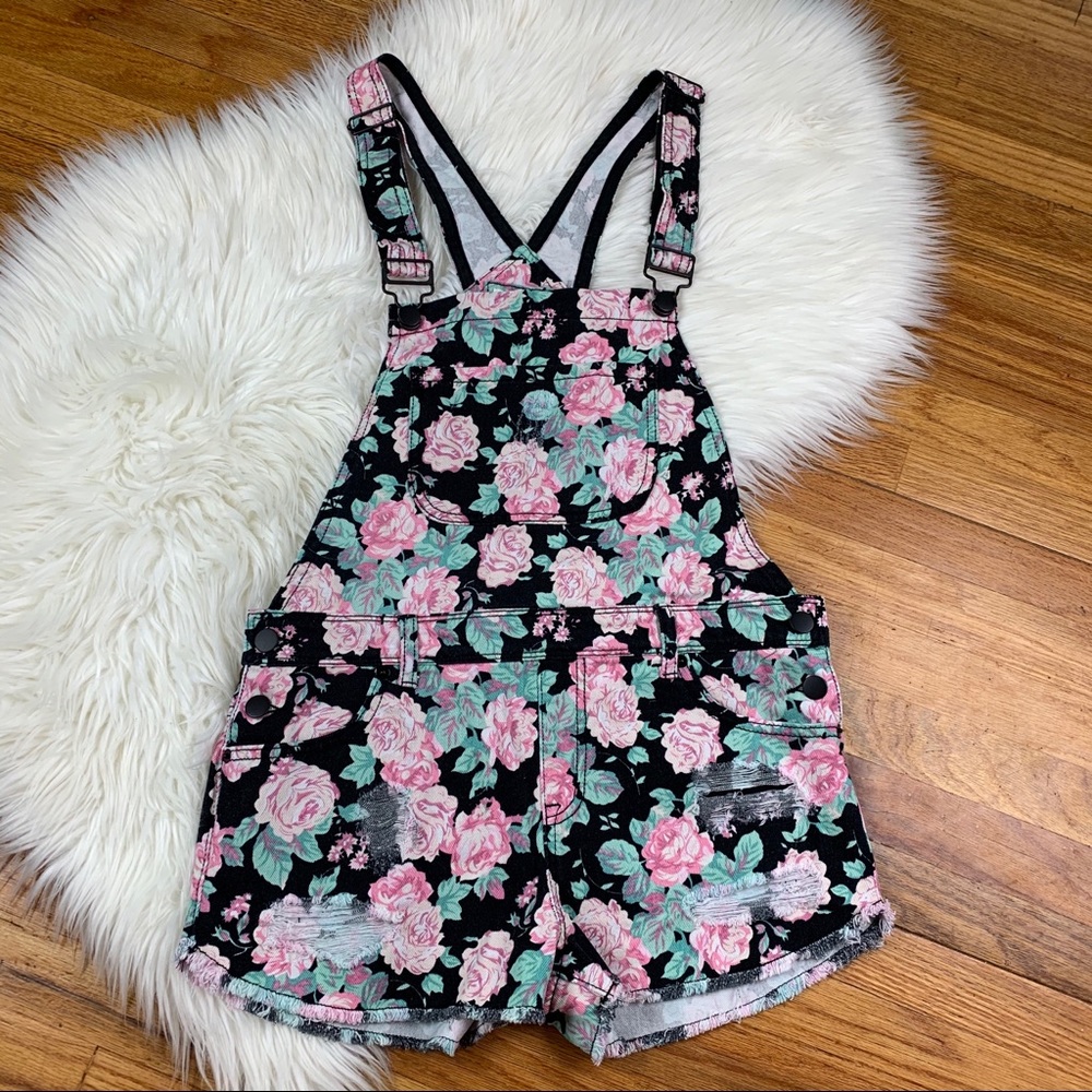 Forever21 Women’s Floral Distressed Short Overalls